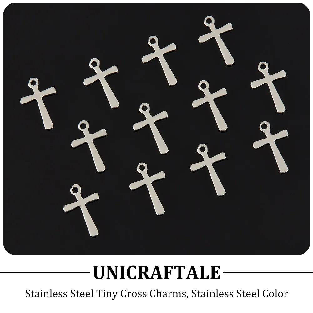 100Pcs 201 Stainless Steel Tiny Cross Charms, Stainless Steel Color, 15x10x0.7mm, Hole: 1.4mm