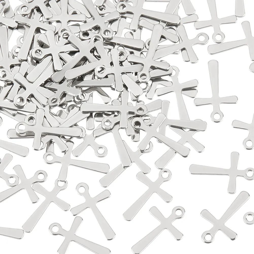 100Pcs 201 Stainless Steel Tiny Cross Charms, Stainless Steel Color, 15x10x0.7mm, Hole: 1.4mm