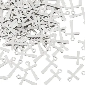 100Pcs 201 Stainless Steel Tiny Cross Charms, Stainless Steel Color, 15x10x0.7mm, Hole: 1.4mm