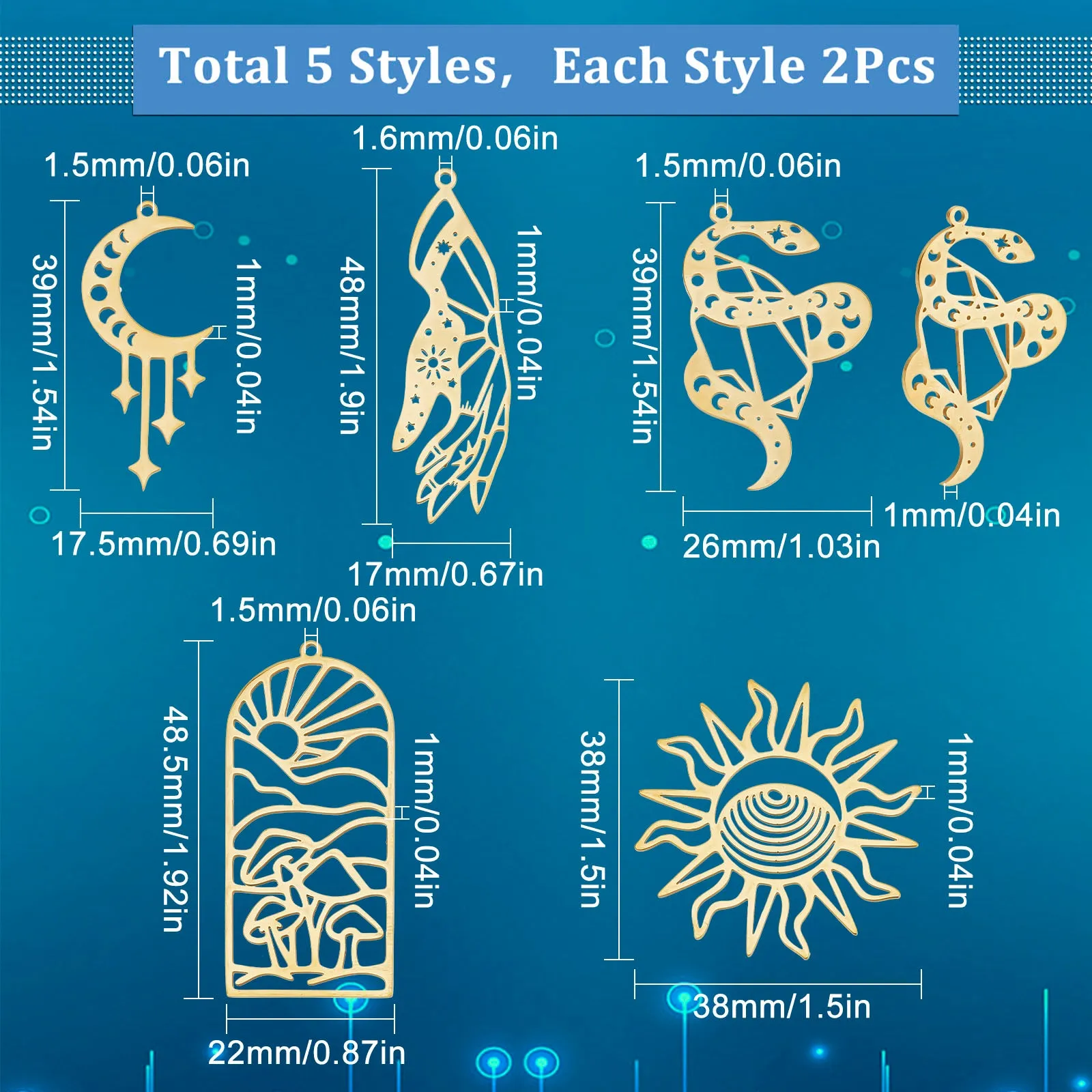 10Pcs 5 Style 201 Stainless Steel Pendants, Outline Charms, Hand with Star & Sun, Snake with Moon, Arch with Sun & Mushroom, Real 18K Gold Plated, 38~48.5x17~38x1mm, Hole: 1.5~1.6mm, 2pcs/style