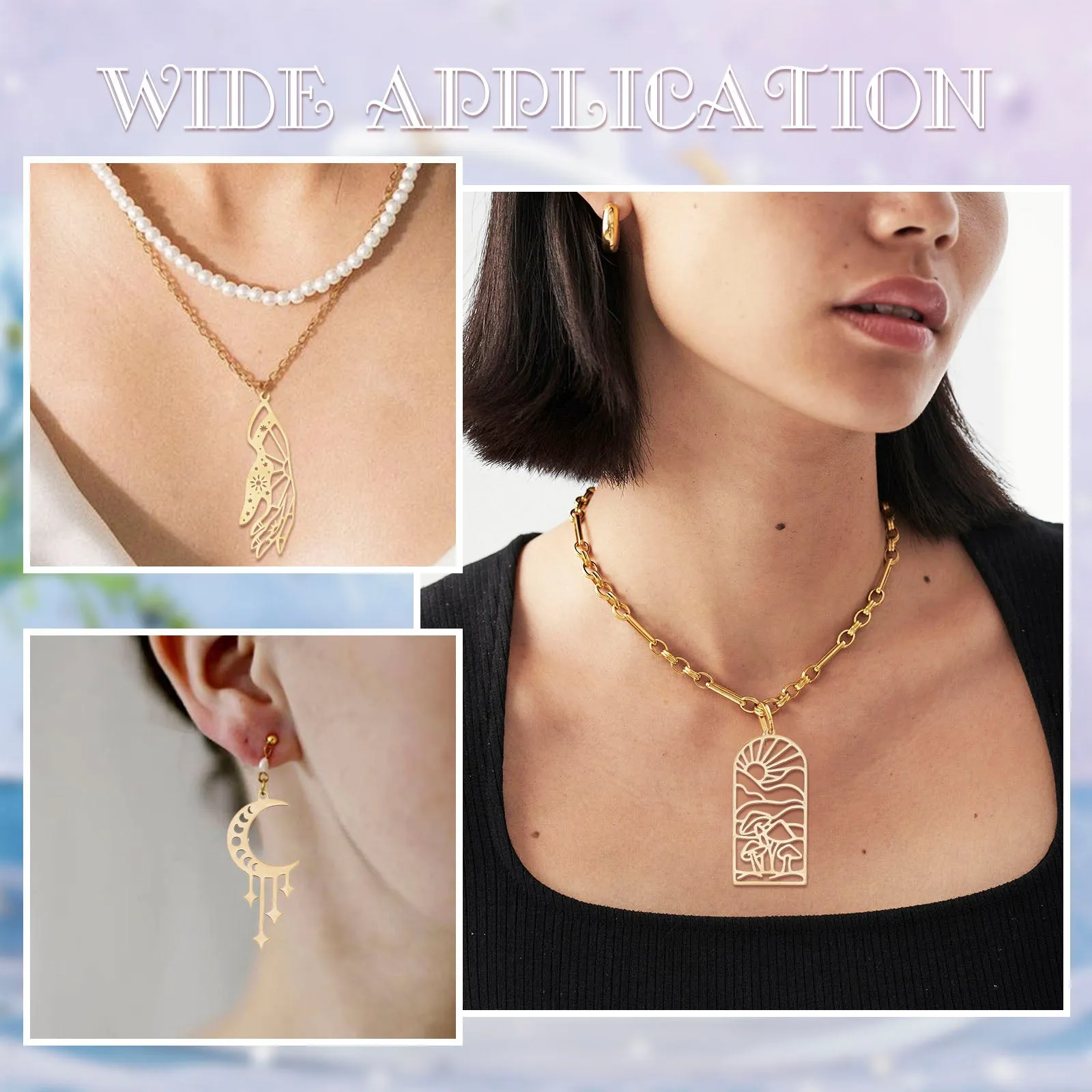 10Pcs 5 Style 201 Stainless Steel Pendants, Outline Charms, Hand with Star & Sun, Snake with Moon, Arch with Sun & Mushroom, Real 18K Gold Plated, 38~48.5x17~38x1mm, Hole: 1.5~1.6mm, 2pcs/style