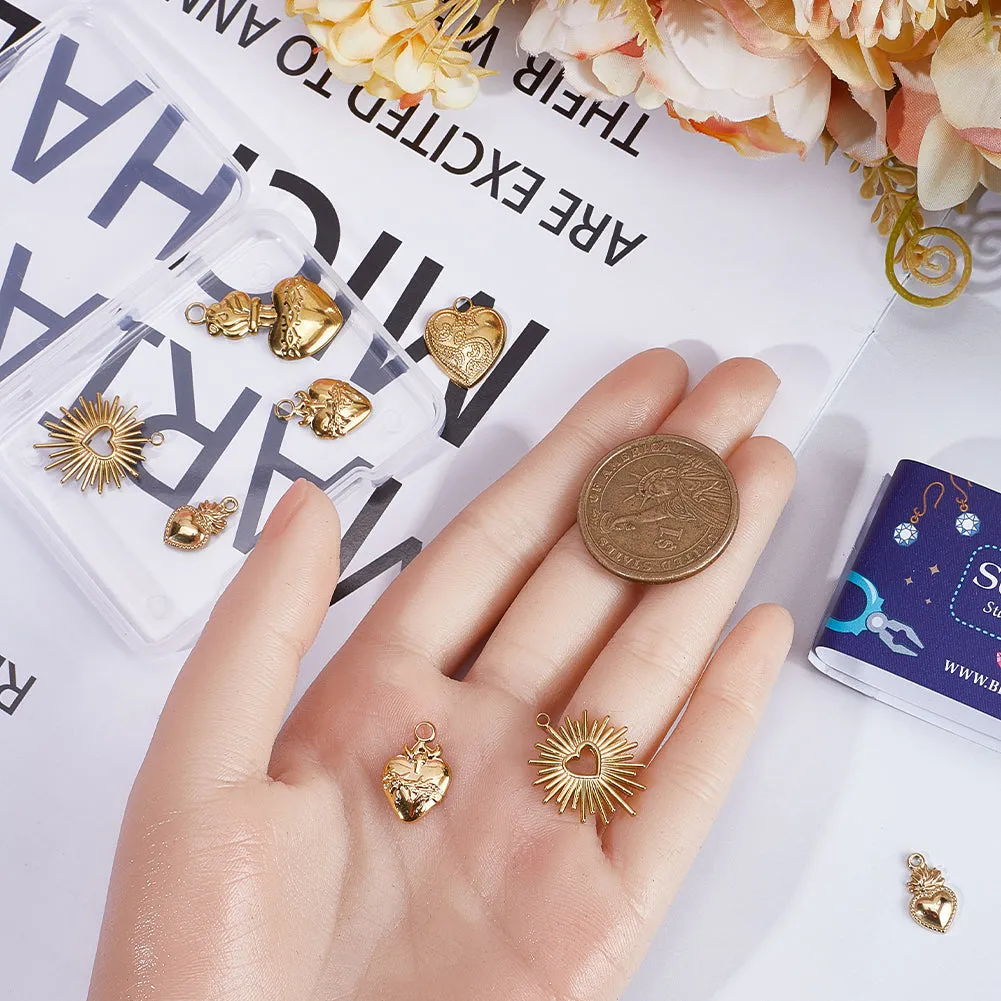 10Pcs 5 Style 304 Stainless Steel Pendants, Heart, Real 18K Gold Plated, 14~27x8~18x2~3mm, Hole: 1~3mm, 2pcs/style