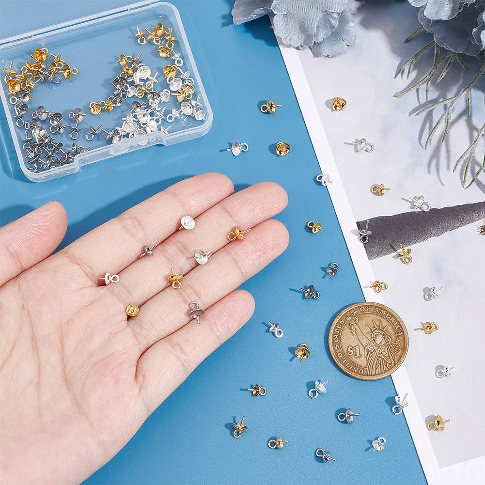 120Pcs 6 Style 201 & 304 Stainless Steel Cup Pearl Peg Bails Pin Pendants, For Half Drilled Beads, Mixed Color, 7~8x4~5mm, Hole: 1.5~2mm, Pin: 0.6~0.7mm, 20pcs/style
