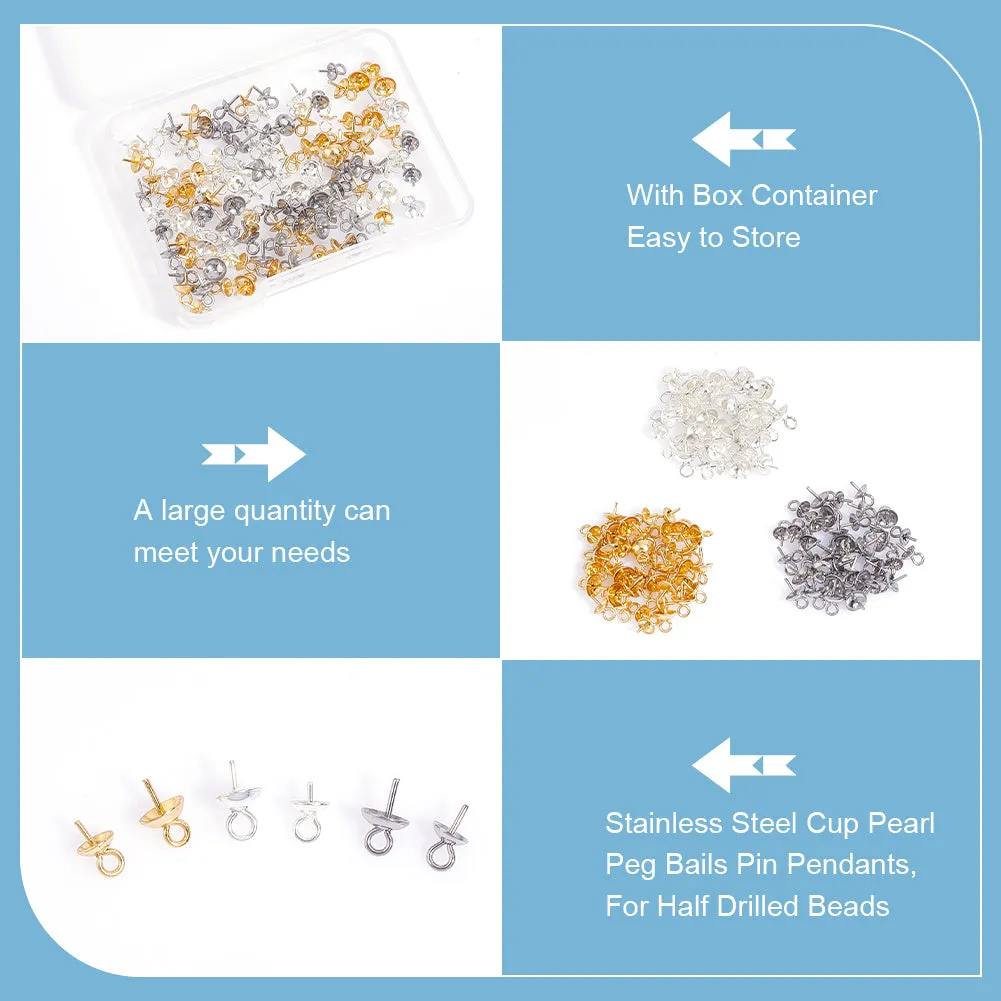 120Pcs 6 Style 201 & 304 Stainless Steel Cup Pearl Peg Bails Pin Pendants, For Half Drilled Beads, Mixed Color, 7~8x4~5mm, Hole: 1.5~2mm, Pin: 0.6~0.7mm, 20pcs/style