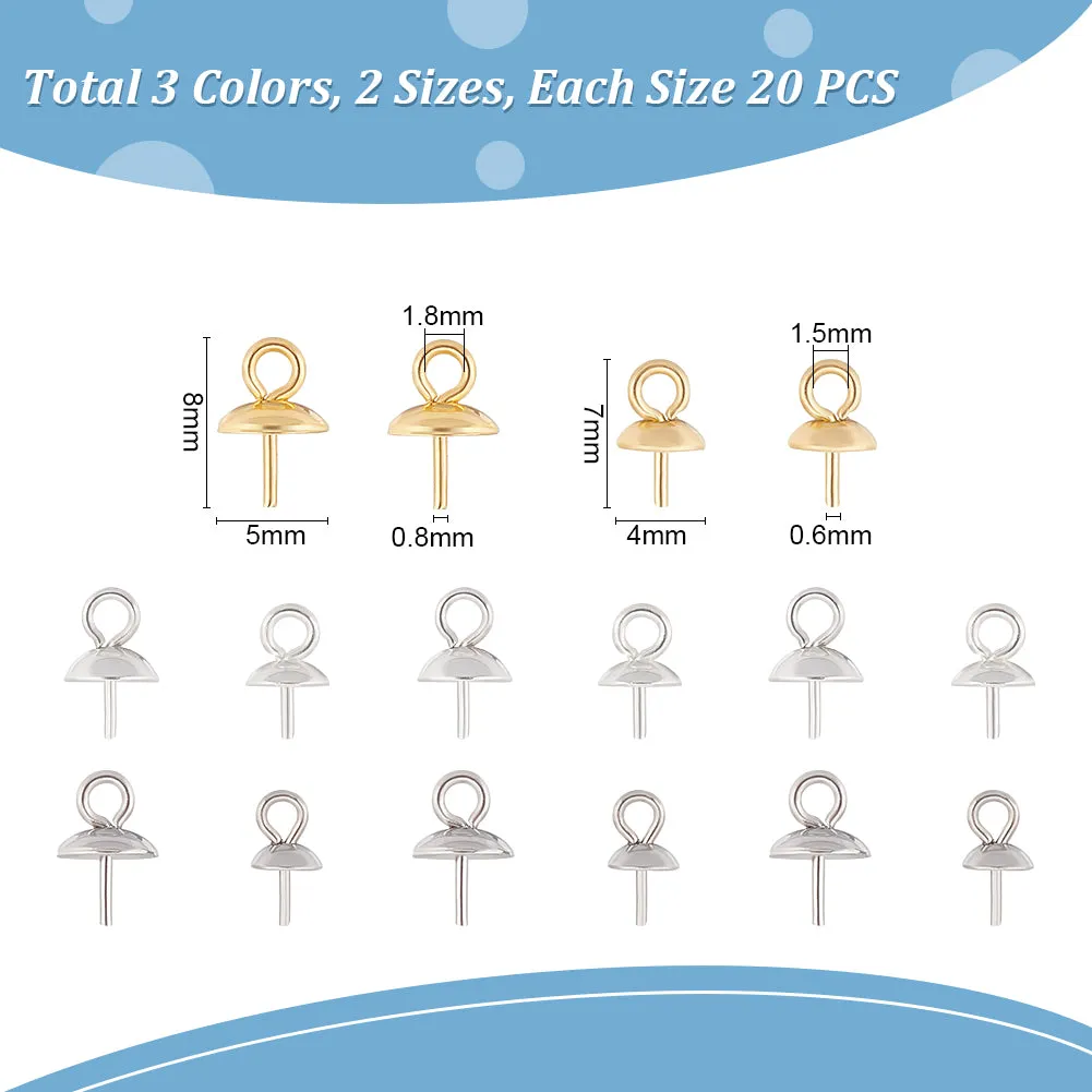 120Pcs 6 Style 201 & 304 Stainless Steel Cup Pearl Peg Bails Pin Pendants, For Half Drilled Beads, Mixed Color, 7~8x4~5mm, Hole: 1.5~2mm, Pin: 0.6~0.7mm, 20pcs/style