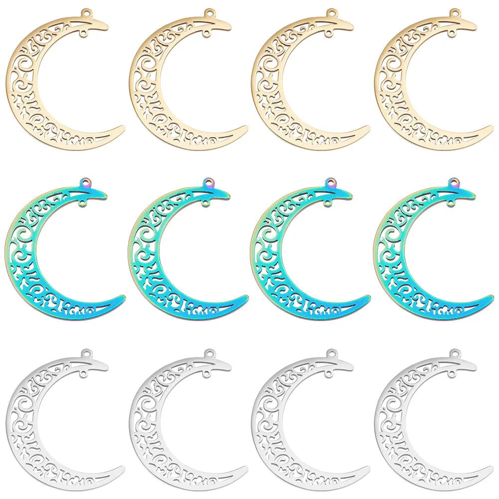 12Pcs 3 Colors 304 Stainless Steel Pendants, Moon, Mixed Color, 40x34x1.5mm, Hole: 1.5mm, 4pcs/color