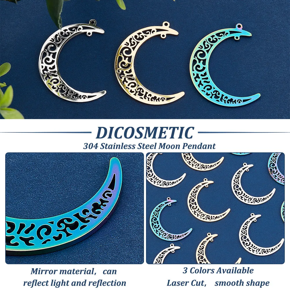 12Pcs 3 Colors 304 Stainless Steel Pendants, Moon, Mixed Color, 40x34x1.5mm, Hole: 1.5mm, 4pcs/color