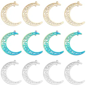 12Pcs 3 Colors 304 Stainless Steel Pendants, Moon, Mixed Color, 40x34x1.5mm, Hole: 1.5mm, 4pcs/color
