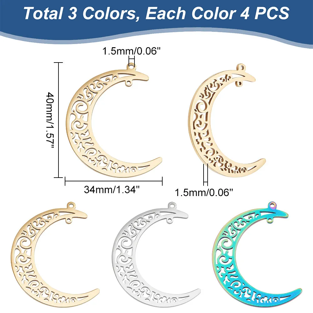 12Pcs 3 Colors 304 Stainless Steel Pendants, Moon, Mixed Color, 40x34x1.5mm, Hole: 1.5mm, 4pcs/color