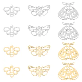 12Pcs 3 Style 201 Stainless Steel Pendants, Insects Style, Golden & Stainless Steel Color, 18~28.5x24.5~30x1mm, Hole: 1.4~1.6mm, 4pcs/style