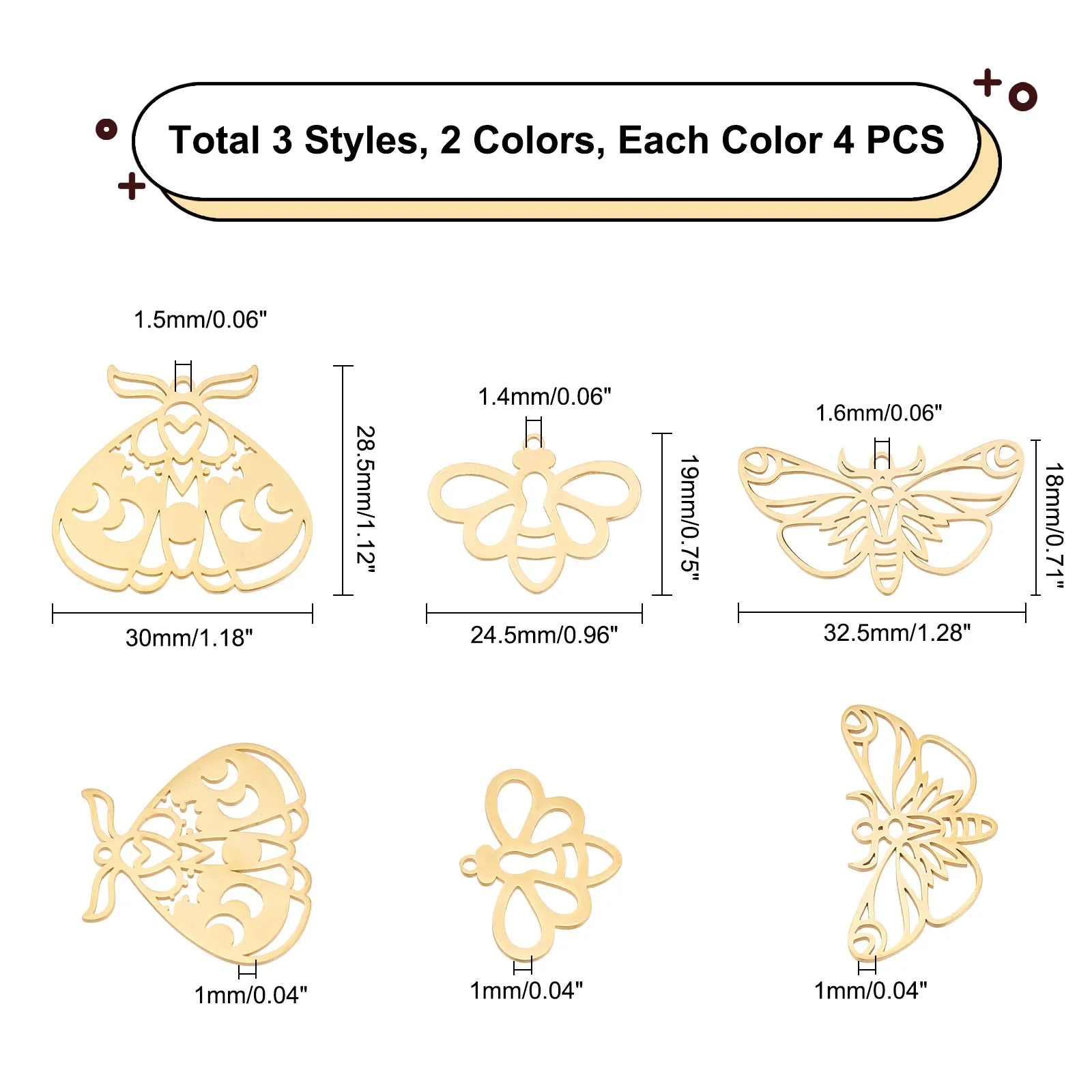 12Pcs 3 Style 201 Stainless Steel Pendants, Insects Style, Golden & Stainless Steel Color, 18~28.5x24.5~30x1mm, Hole: 1.4~1.6mm, 4pcs/style