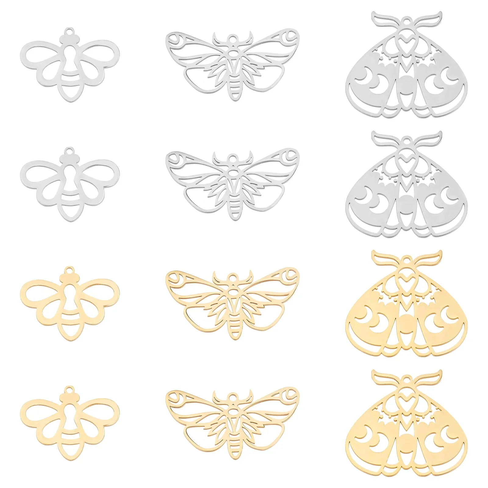 12Pcs 3 Style 201 Stainless Steel Pendants, Insects Style, Golden & Stainless Steel Color, 18~28.5x24.5~30x1mm, Hole: 1.4~1.6mm, 4pcs/style