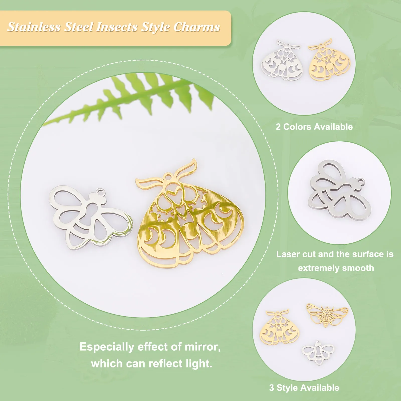 12Pcs 3 Style 201 Stainless Steel Pendants, Insects Style, Golden & Stainless Steel Color, 18~28.5x24.5~30x1mm, Hole: 1.4~1.6mm, 4pcs/style