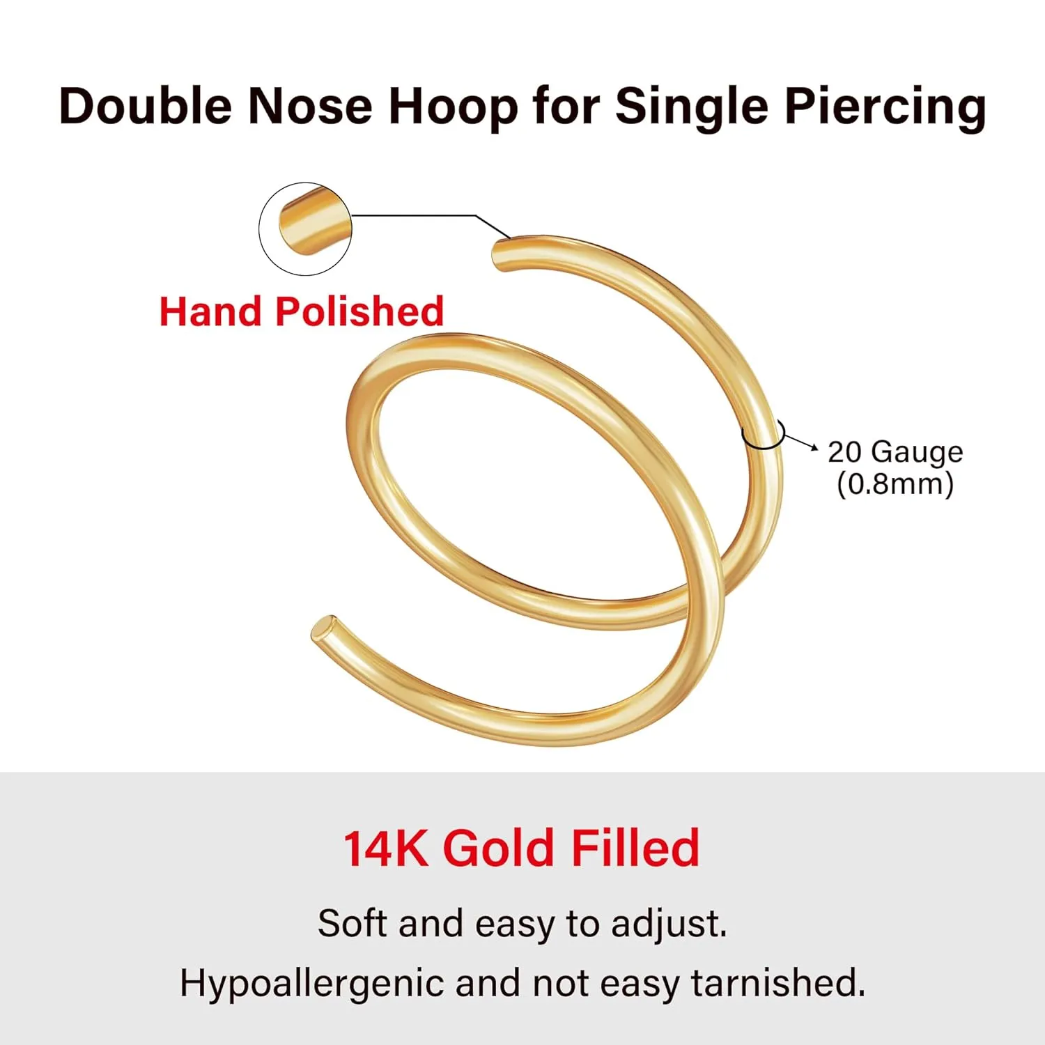 14K Gold Filled Double Nose Ring Hoop for Single Piercing, 20g 8mm Hoop Nose Ring, Spiral Nose Ring Double Hoop 20 Gauge, Small Twist Nose Hoop Ring