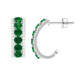 1.75 CT Created Emerald and Diamond Hoop Earrings