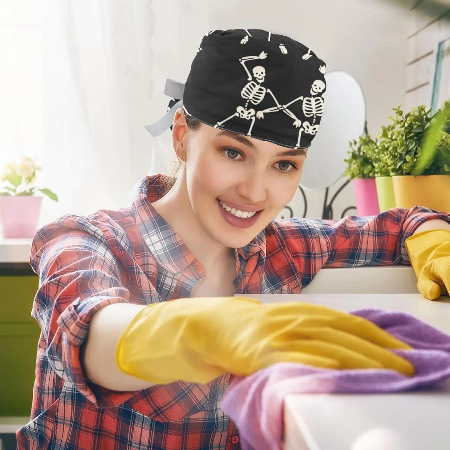 2 Pcs Working Cap with Buttons Sweatband Cute Bear Ribbon Tie Back Bouffant Hats