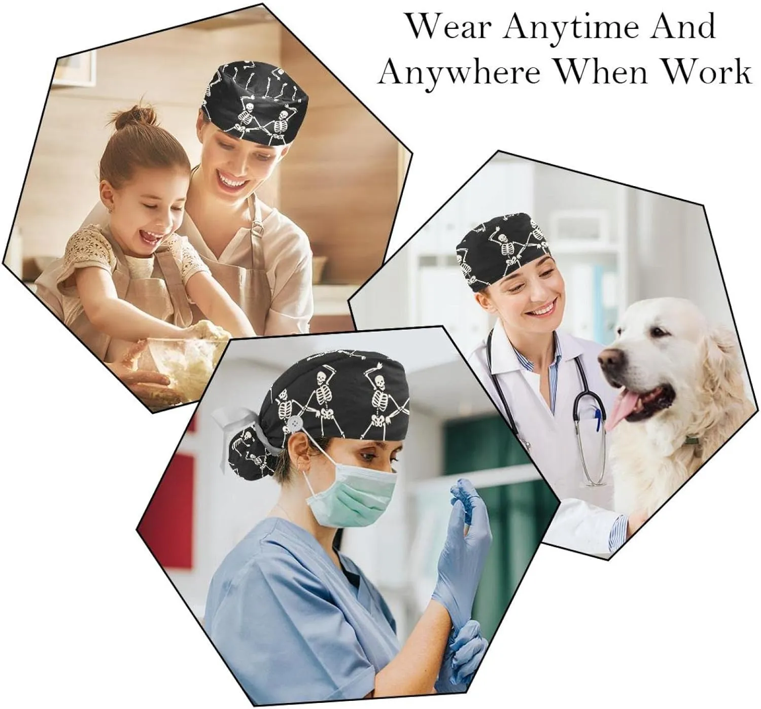 2 Pcs Working Cap with Buttons Sweatband Cute Bear Ribbon Tie Back Bouffant Hats