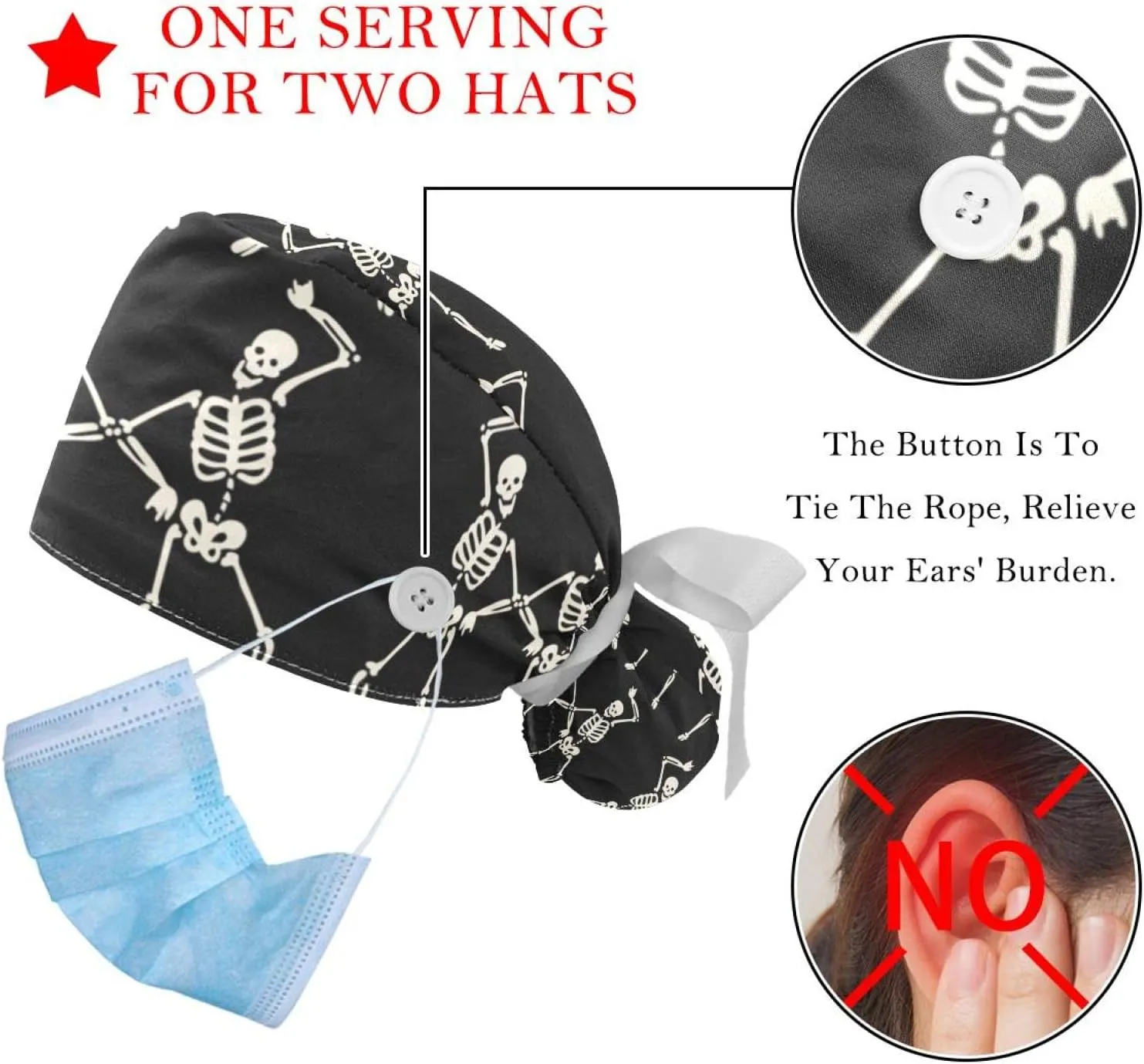 2 Pcs Working Cap with Buttons Sweatband Cute Bear Ribbon Tie Back Bouffant Hats