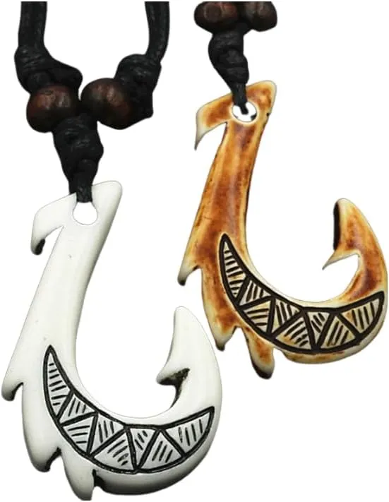 2PCS Hawaiian Protection Amulet Lucky Pendant Necklace Vintage Tiki Fish Hook Turtles Tortoise Shark Wolf Tooth Caved Satue Adjustable Rope Chain Necklaces for Men Women