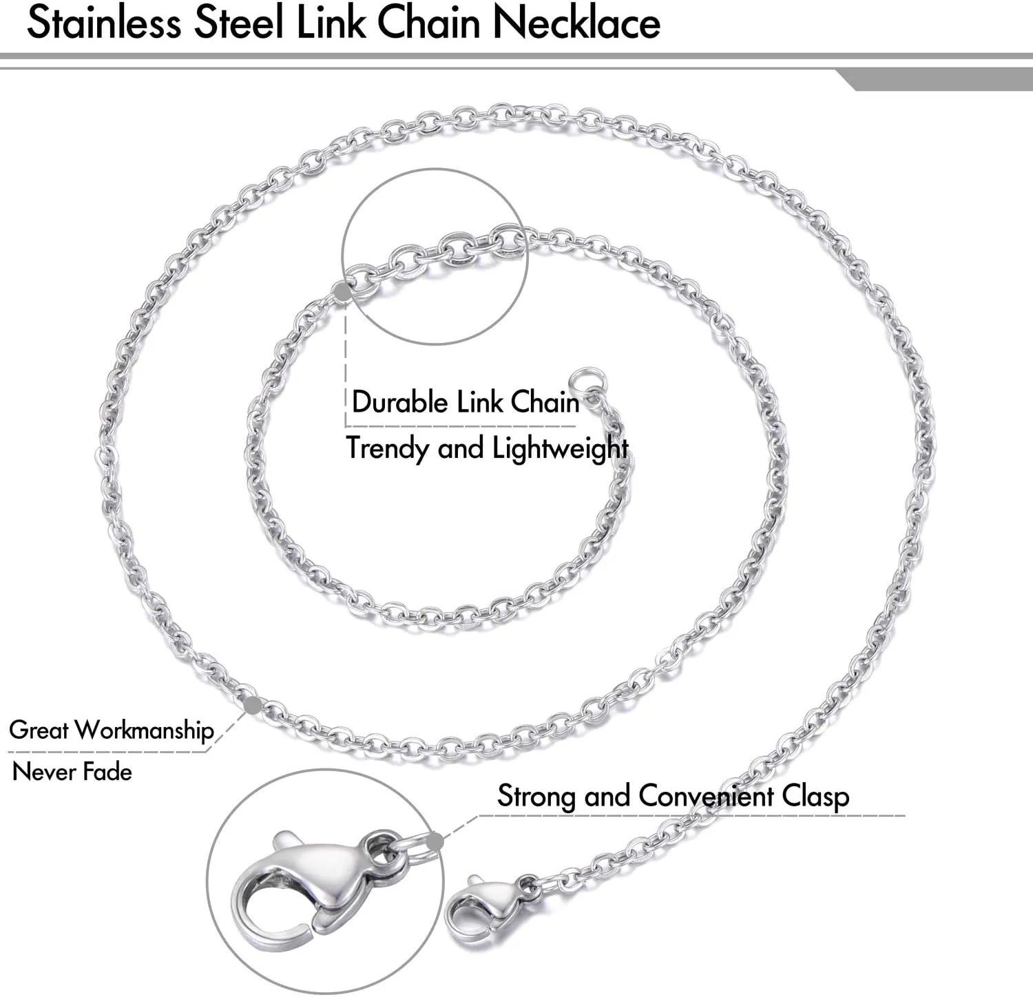 30 Pack 18 Inch Necklace Chain Stainless Steel Link Cable Chain Necklace with Lobster Clasps for DIY Jewelry Making