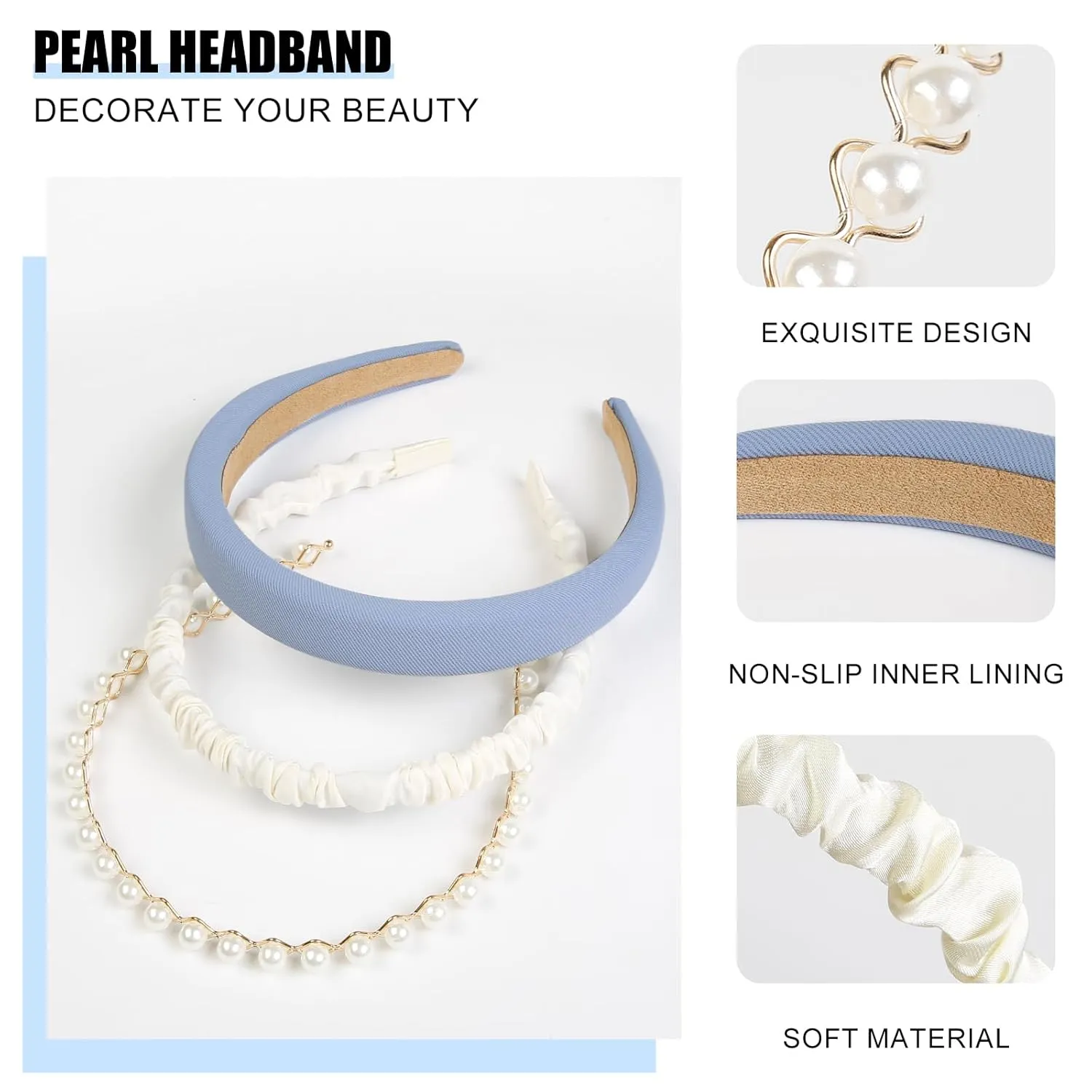 3PCS Headbands for Women Non Slip Trendy Headbands for Women's Hair Cute Pearl Headband Bule Padded Hairband Elastic Womens Head Bands Hair Accessories