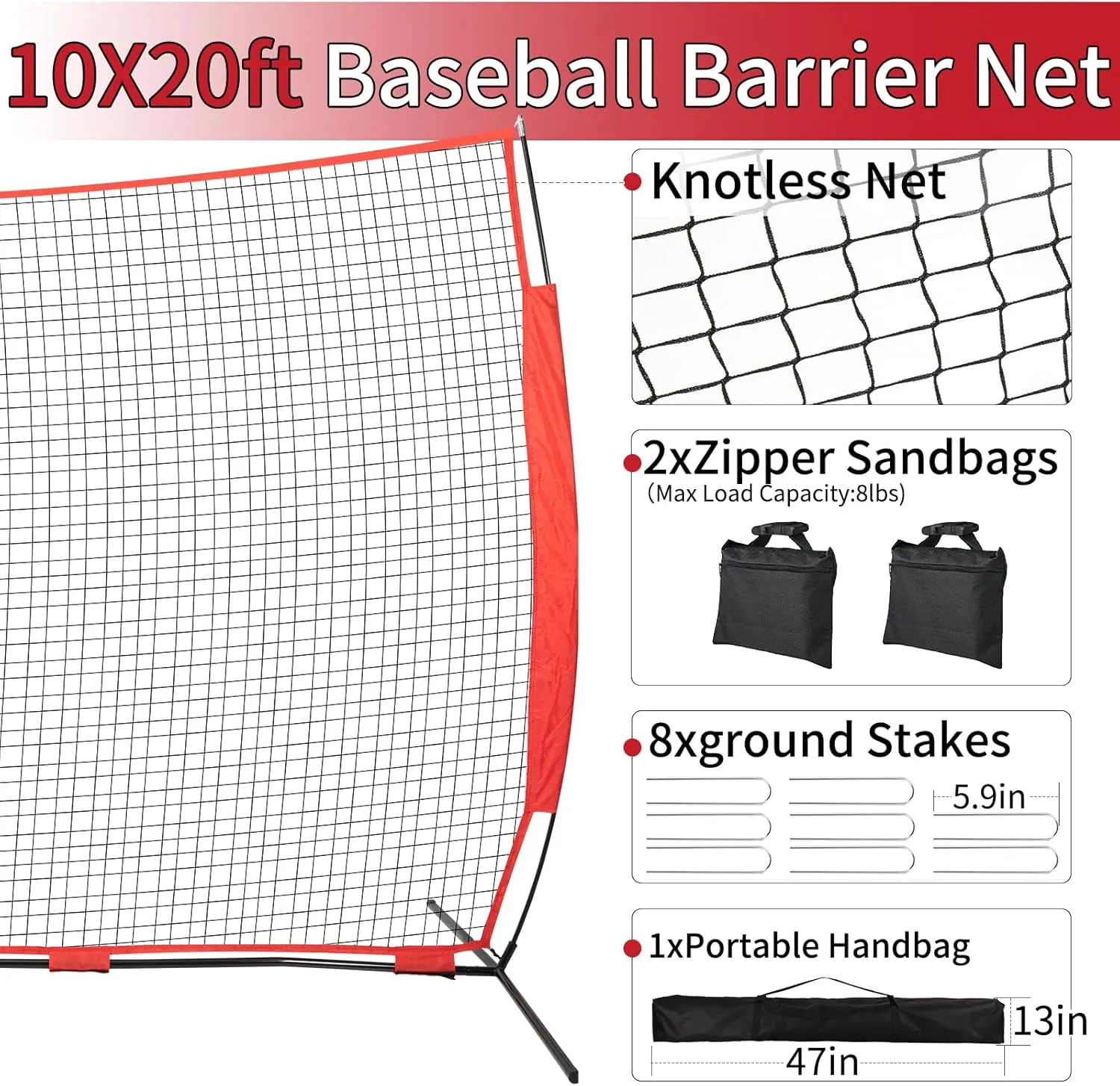 7x7ft/16 x10ft /20x10ft Backstop Net, Sports Net Barrier with Handbag,Fix Ball Stop Net by Spike&Sandbag,Sports Practice Barrier Net for Baseball,Lacrosse Train,Lacrosse Backstop Net for Backyard