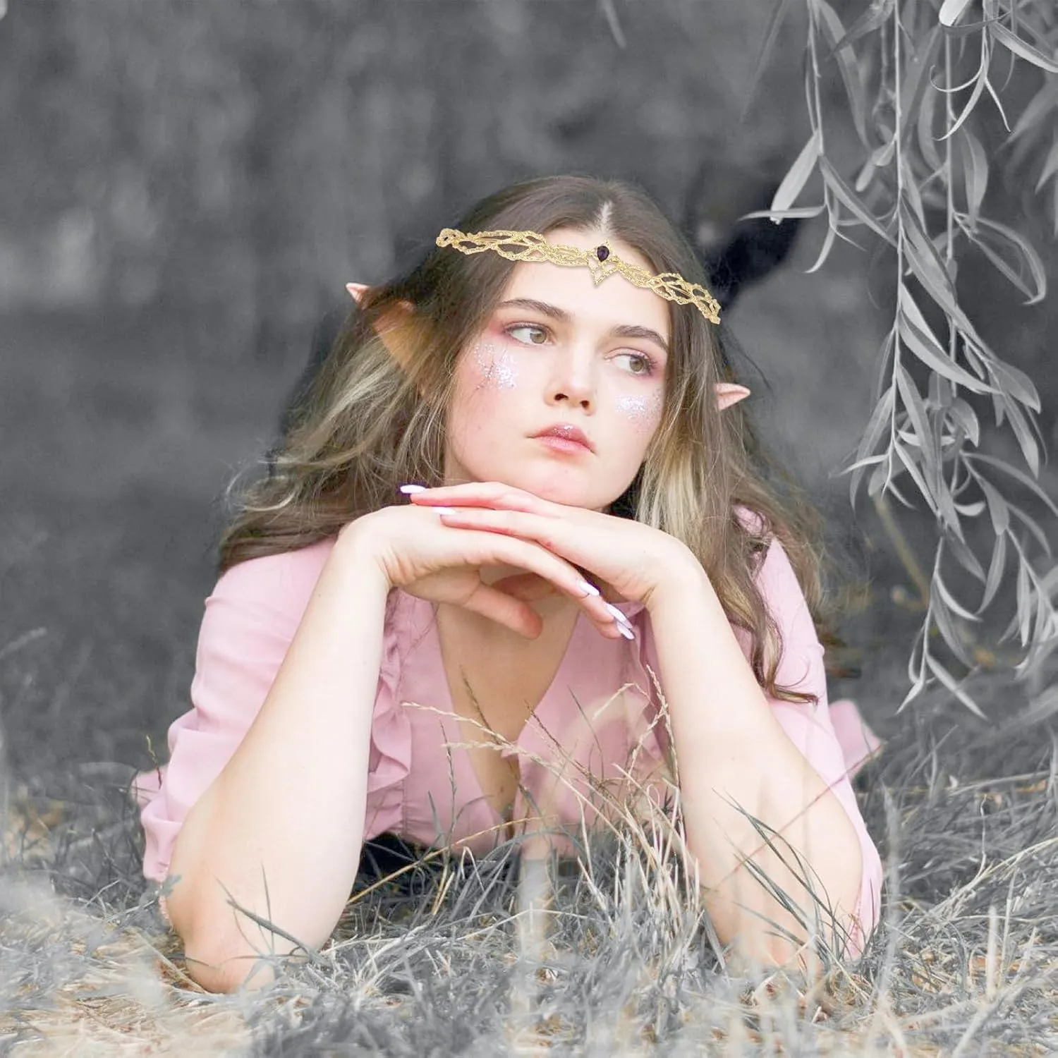 ANBALA Rhinestone Fairy Crown for Women Crystal Elf Crown Silver/Gold Circlet Costume Headwear for Men Renaissance Headpiece for Birthday Party Cosplay Halloween