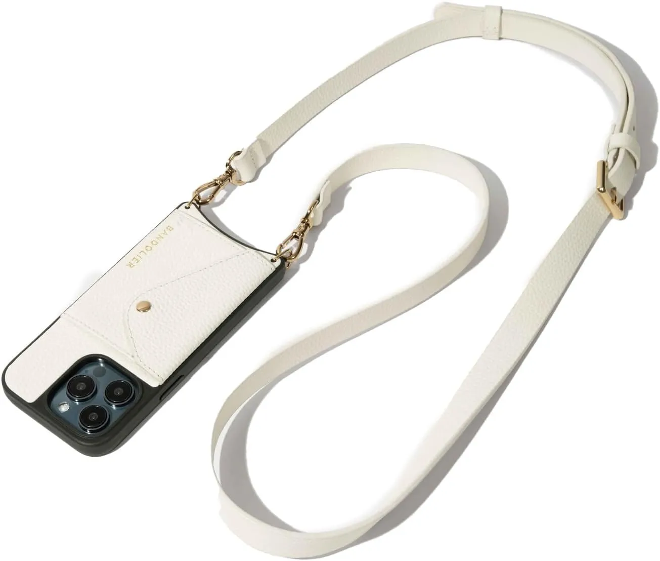 Bandolier Hailey Crossbody Wallet Phone Case for iPhone 16 Pro Max. 100% Genuine Pebble Leather with Gold Hardware. Adjustable & Removable Strap. Expandable Flip Card Holder. Ivory with Gold