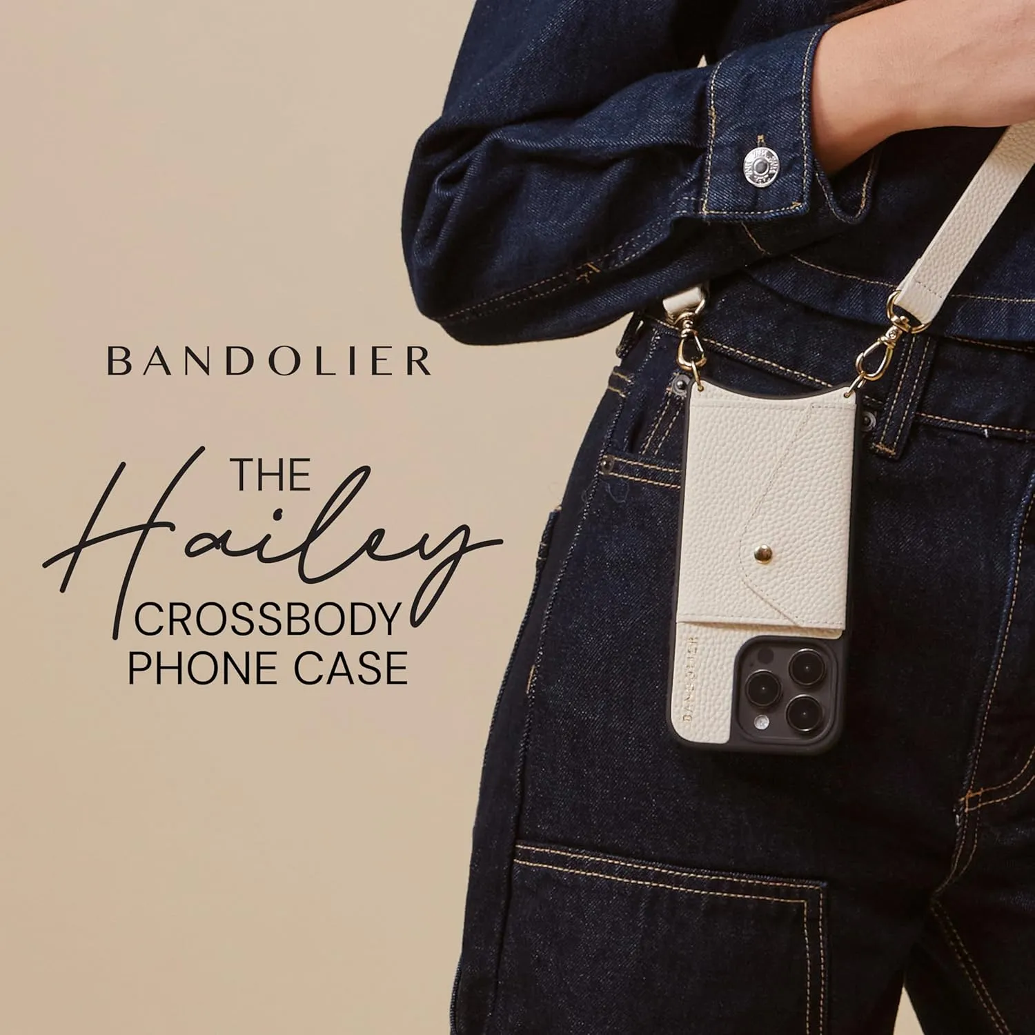 Bandolier Hailey Crossbody Wallet Phone Case for iPhone 16 Pro Max. 100% Genuine Pebble Leather with Gold Hardware. Adjustable & Removable Strap. Expandable Flip Card Holder. Ivory with Gold