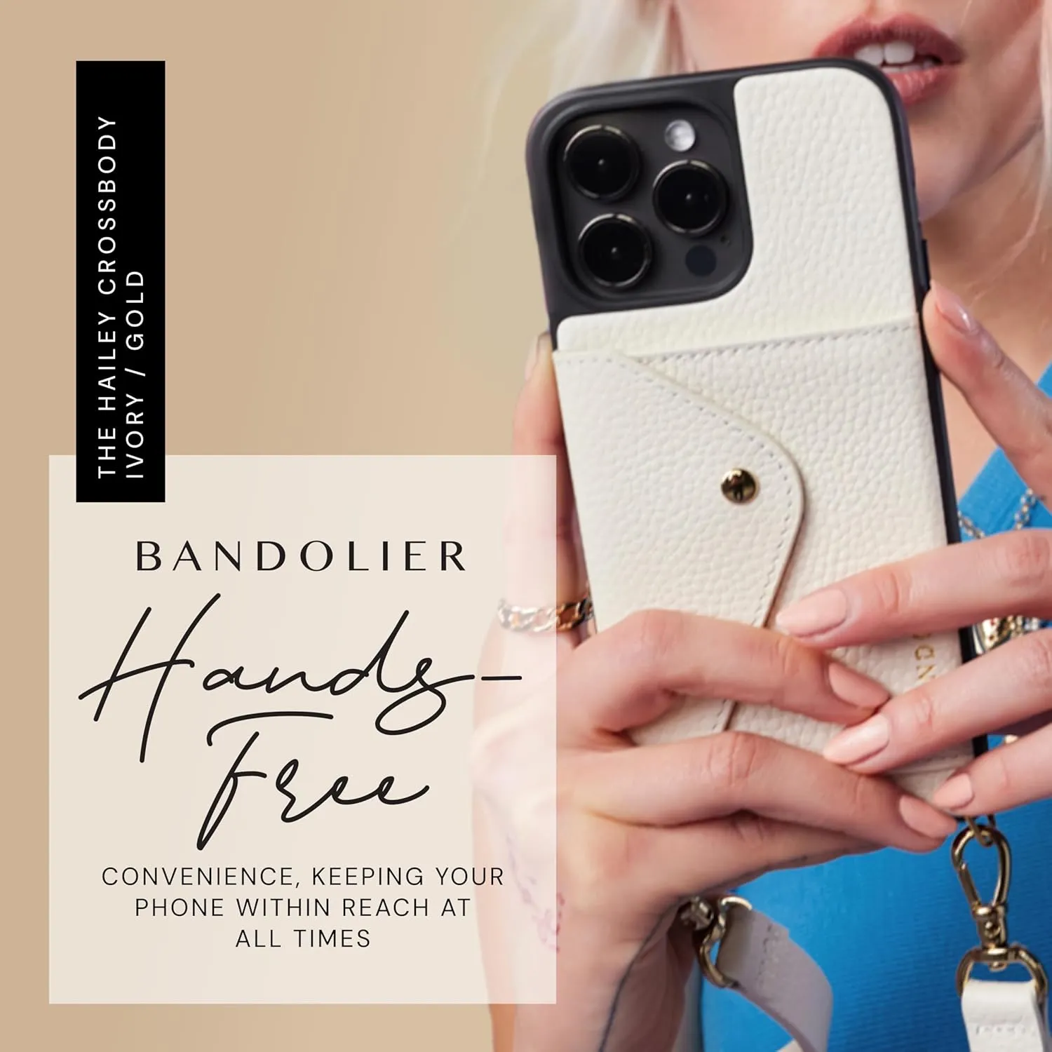 Bandolier Hailey Crossbody Wallet Phone Case for iPhone 16 Pro Max. 100% Genuine Pebble Leather with Gold Hardware. Adjustable & Removable Strap. Expandable Flip Card Holder. Ivory with Gold