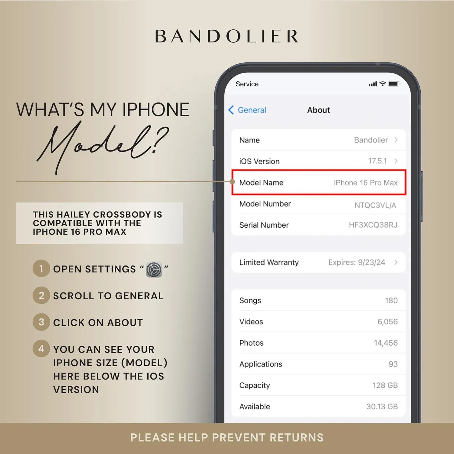 Bandolier Hailey Crossbody Wallet Phone Case for iPhone 16 Pro Max. 100% Genuine Pebble Leather with Gold Hardware. Adjustable & Removable Strap. Expandable Flip Card Holder. Ivory with Gold