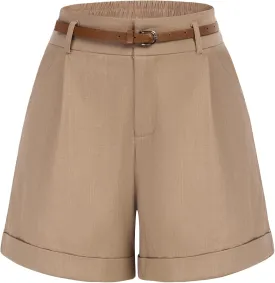 Belle Poque Women Bermuda Shorts Elastic Waist Wide Leg Shorts with Pockets & Belts