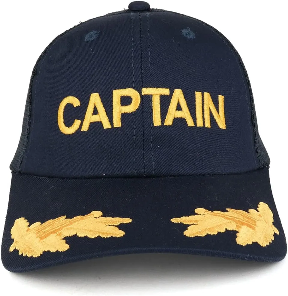 Captain and Gold Leaves Embroidered Cotton Twill Mesh Back Baseball Cap