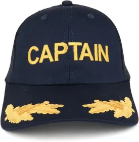Captain and Gold Leaves Embroidered Cotton Twill Mesh Back Baseball Cap
