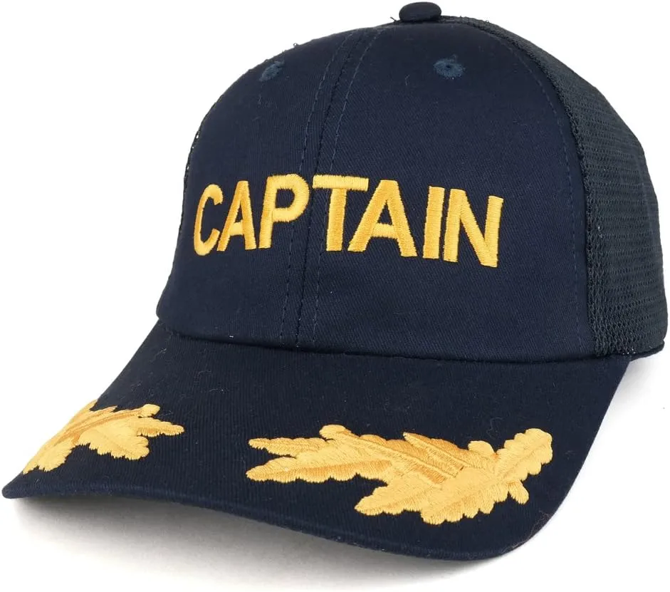 Captain and Gold Leaves Embroidered Cotton Twill Mesh Back Baseball Cap