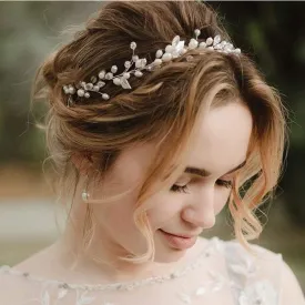 Catery Pearl Bridal Headband Silver Wedding Headpiece Leaf Hair Accessories for Brides and Women