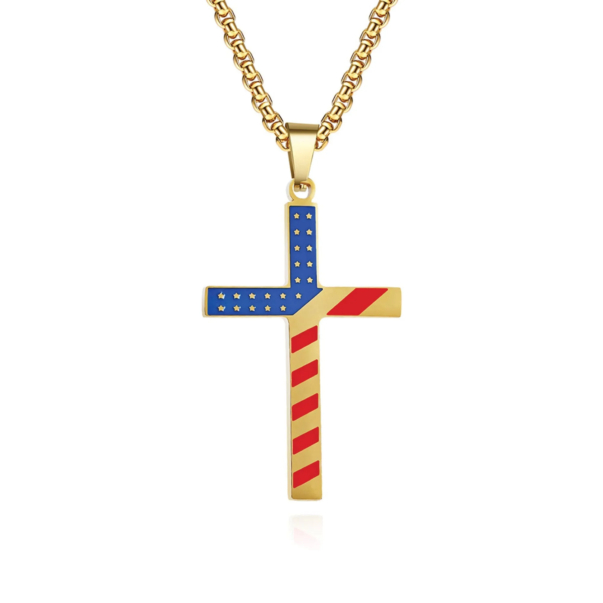Colored Flag Cross with 24 in Stainless Steel Chain – Gold Color