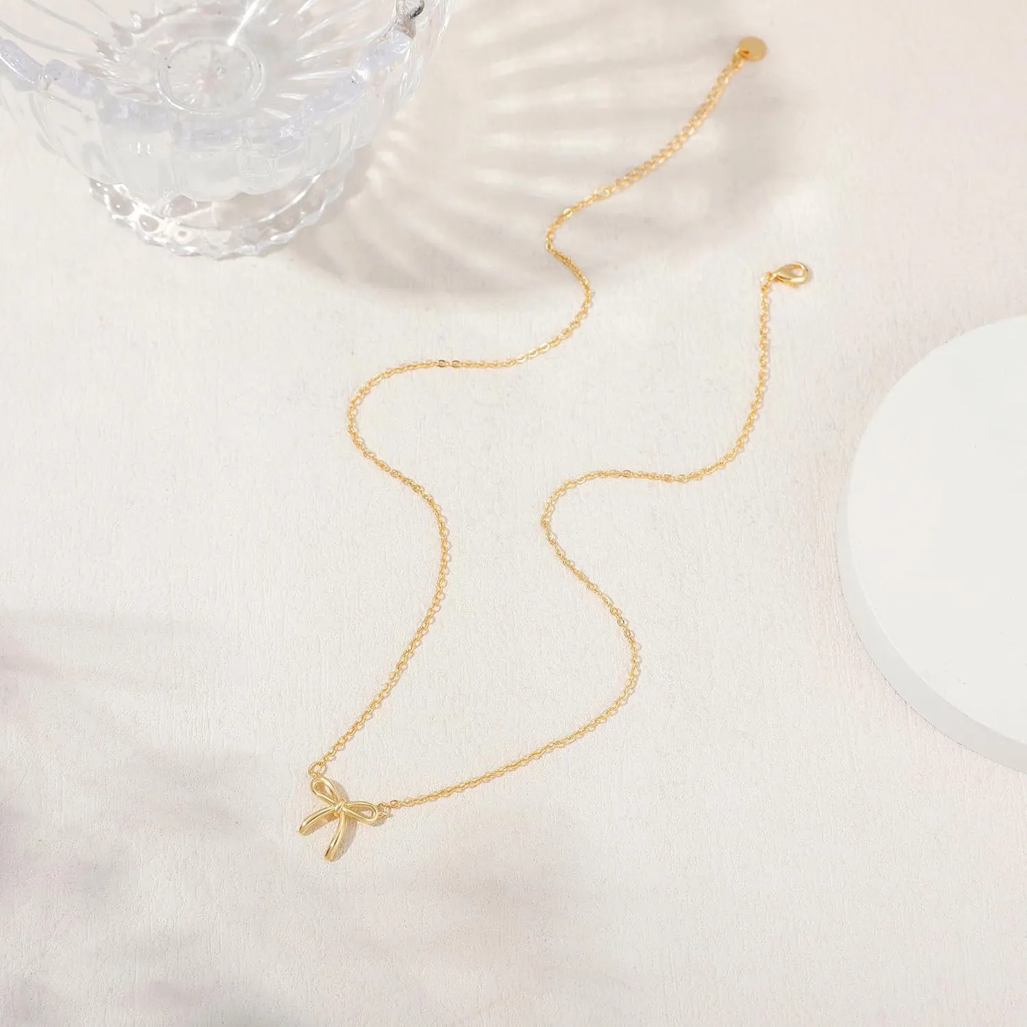 Dainty Bow Gold Necklace for Women Non Tarnish 14k Gold Plated Pendant Necklaces Trendy Cute Simple Charm Herringbone Bow Pearl Chain Necklace Gold Jewelry for Women Birthday Gift