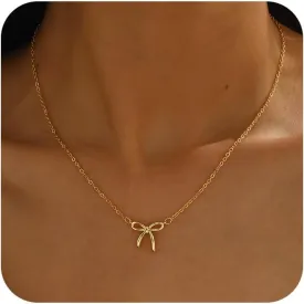 Dainty Bow Gold Necklace for Women Non Tarnish 14k Gold Plated Pendant Necklaces Trendy Cute Simple Charm Herringbone Bow Pearl Chain Necklace Gold Jewelry for Women Birthday Gift