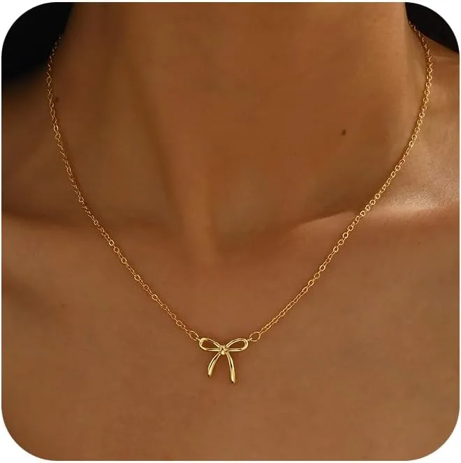 Dainty Bow Gold Necklace for Women Non Tarnish 14k Gold Plated Pendant Necklaces Trendy Cute Simple Charm Herringbone Bow Pearl Chain Necklace Gold Jewelry for Women Birthday Gift