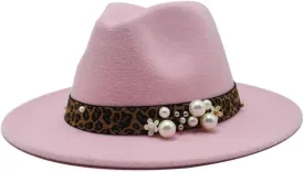 DHAEY Fashion Leopard Texture Pearl Wool Hat Men and Women Jazz Hat Autumn and Winter Versatile Felt Hat Flat Brim Hat with Leopard Belt Luopan Caps & Hats (Color : Rose Red, Size : 56-58cm)