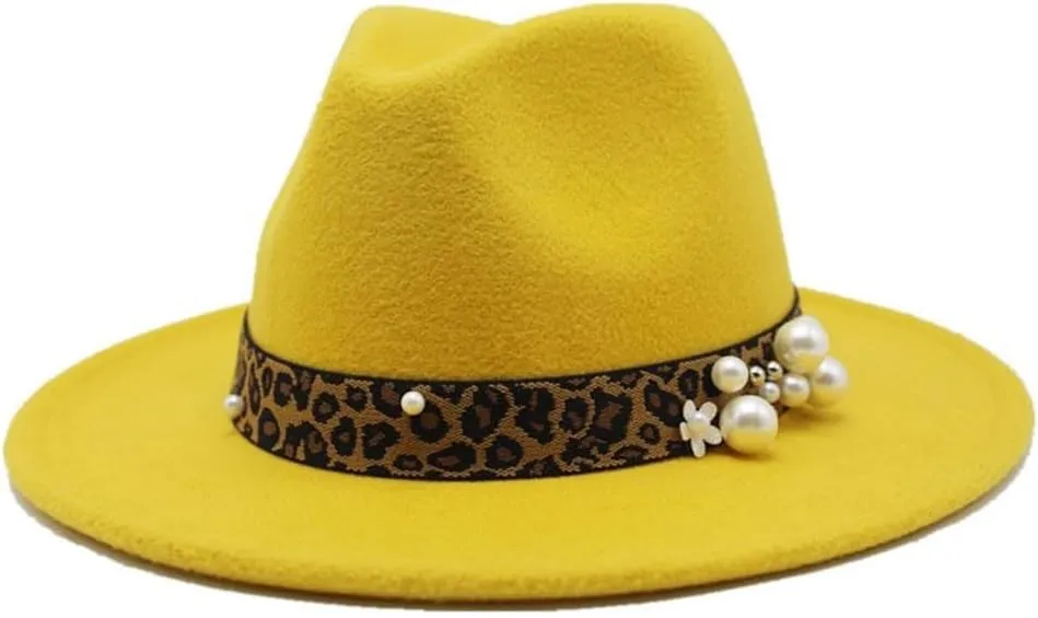 DHAEY Fashion Leopard Texture Pearl Wool Hat Men and Women Jazz Hat Autumn and Winter Versatile Felt Hat Flat Brim Hat with Leopard Belt Luopan Caps & Hats (Color : Rose Red, Size : 56-58cm)