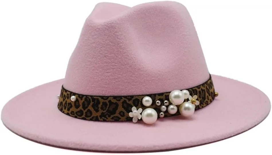 DHAEY Fashion Leopard Texture Pearl Wool Hat Men and Women Jazz Hat Autumn and Winter Versatile Felt Hat Flat Brim Hat with Leopard Belt Luopan Caps & Hats (Color : Rose Red, Size : 56-58cm)