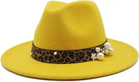 DHAEY Fashion Leopard Texture Pearl Wool Hat Men and Women Jazz Hat Autumn and Winter Versatile Felt Hat Flat Brim Hat with Leopard Belt Luopan Caps & Hats (Color : Rose Red, Size : 59-61cm)