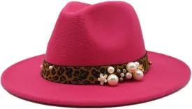 DHAEY Fashion Leopard Texture Pearl Wool Hat Men and Women Jazz Hat Autumn and Winter Versatile Felt Hat Flat Brim Hat with Leopard Belt Luopan Caps & Hats (Color : Rosy, Size : 56-58cm)