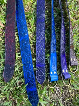 Embossed Medieval/Viking Leather Belts with Ring in choice of Black, Blue, Burgundy or Purple - Individually handmade
