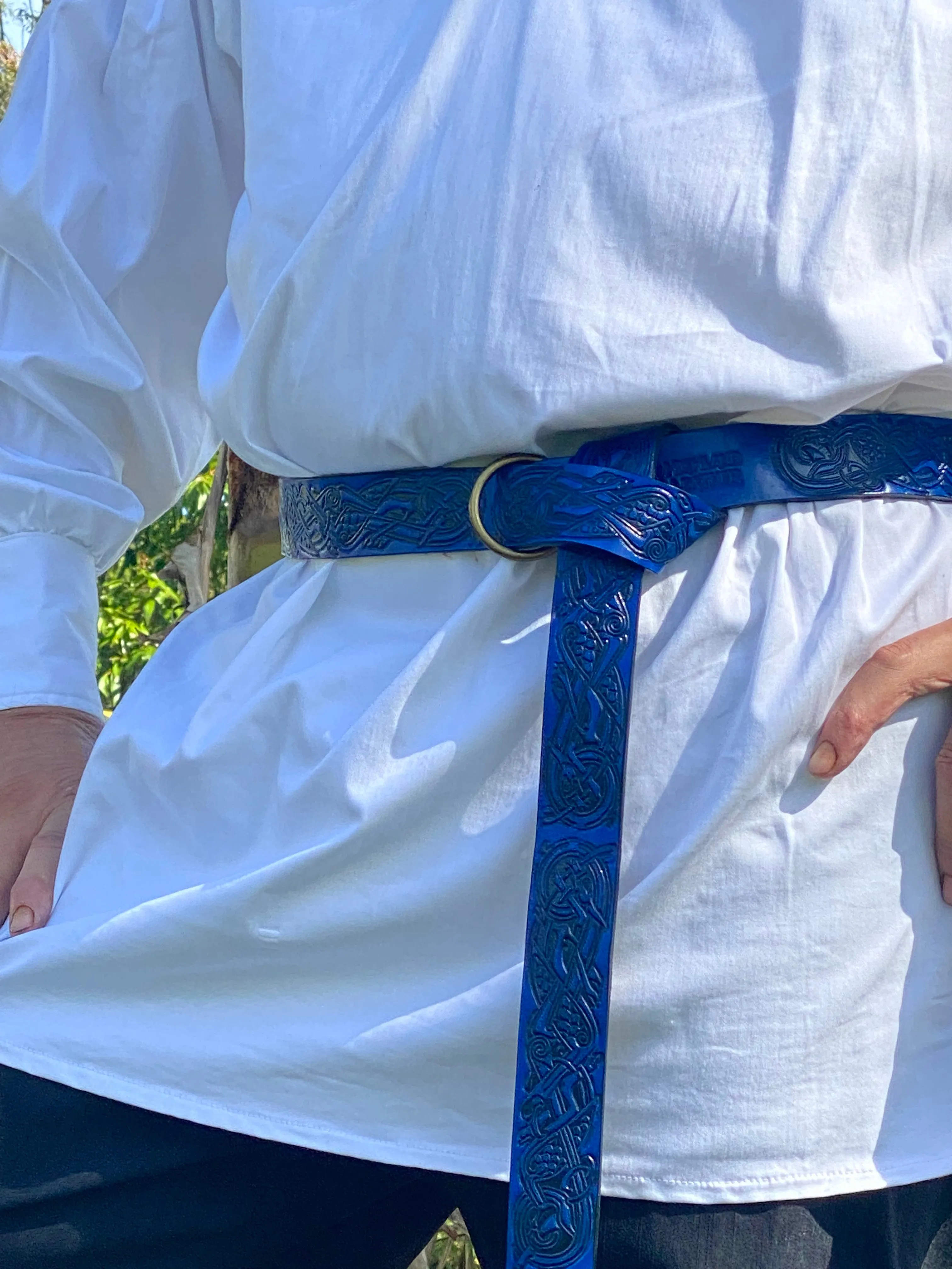 Embossed Medieval/Viking Leather Belts with Ring in choice of Black, Blue, Burgundy or Purple - Individually handmade