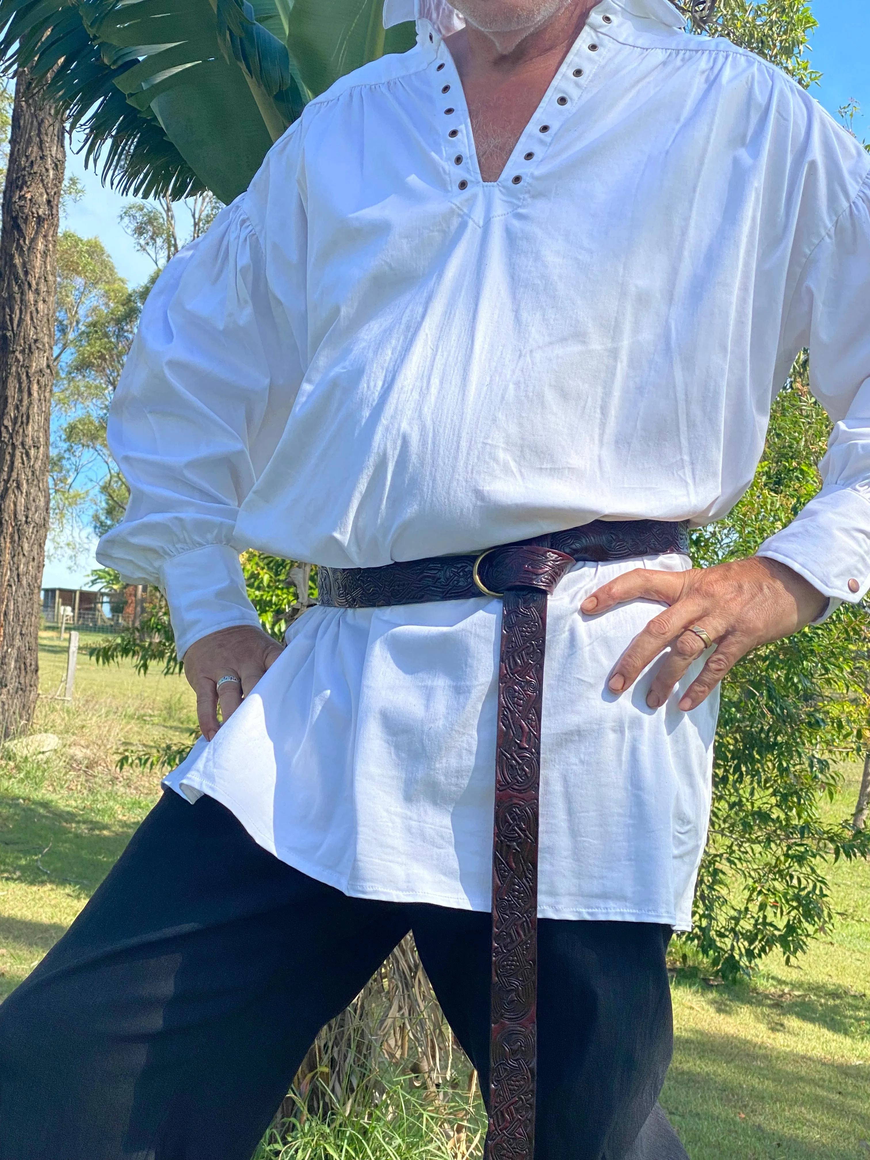 Embossed Medieval/Viking Leather Belts with Ring in choice of Black, Blue, Burgundy or Purple - Individually handmade
