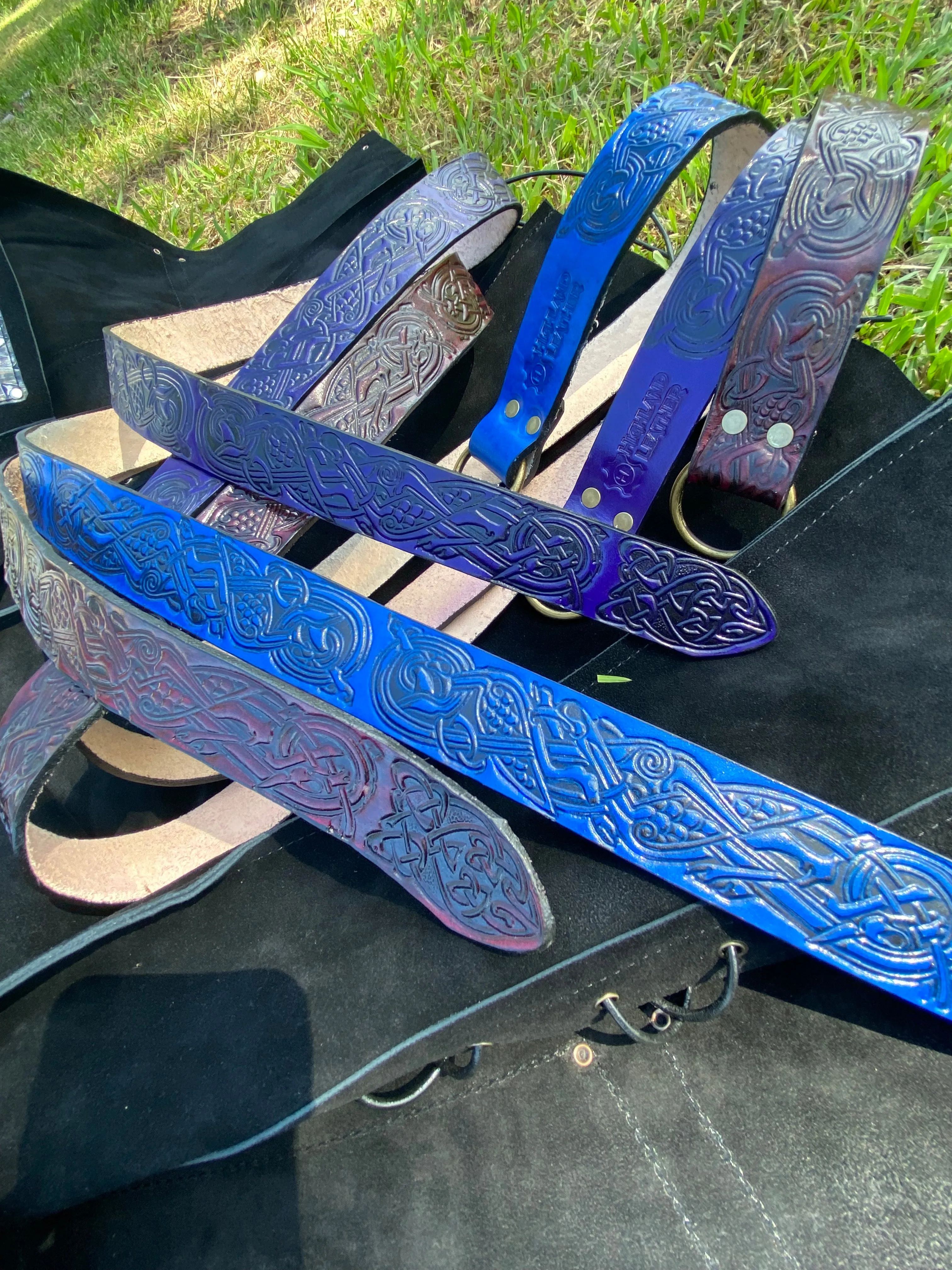 Embossed Medieval/Viking Leather Belts with Ring in choice of Black, Blue, Burgundy or Purple - Individually handmade