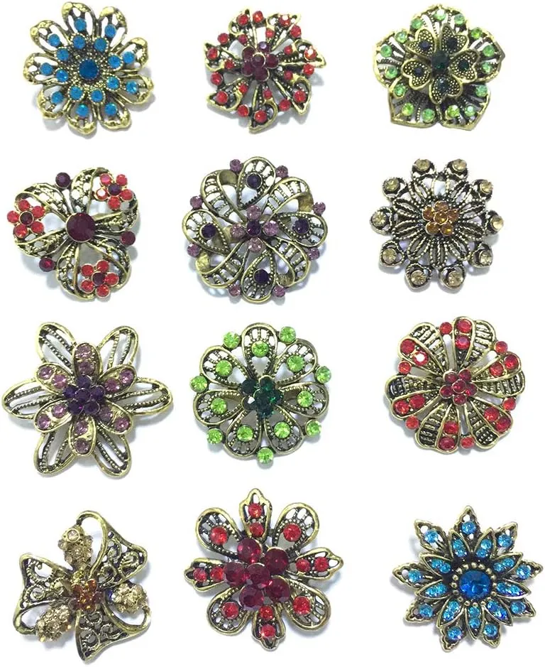 Ezing 12pcs Lot Antique Vintage Gold Plated Crystal Brooch for Wedding Bouquet (I)
